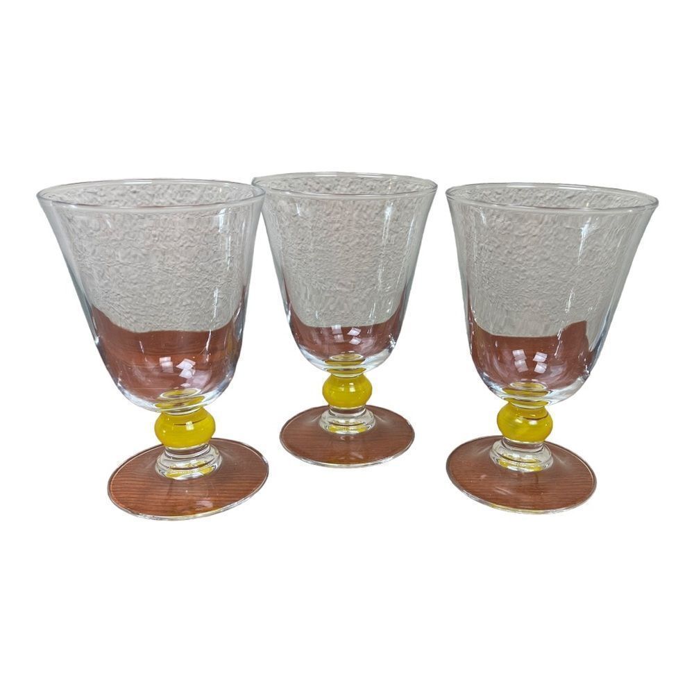 Vintage Set Of 3 Luminarc France Yellow Stem Clear Bowl Wine Glasses Mid Century